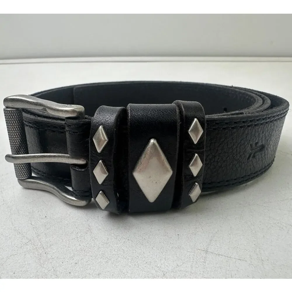 Frye Black Leather Diamond Studded Belt W/ Silver Hardware Men's Sz Large NWT